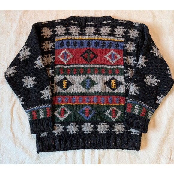 Woolrich VTG Southwetern Thick Knit Sweater Wool 80s 90s Black Tribal Boxy MED - Picture 4 of 6